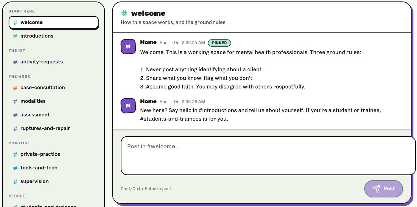 The Psych Fieldkit Community, open on the welcome channel, with channels for case consultation, modalities, private practice, supervision and more